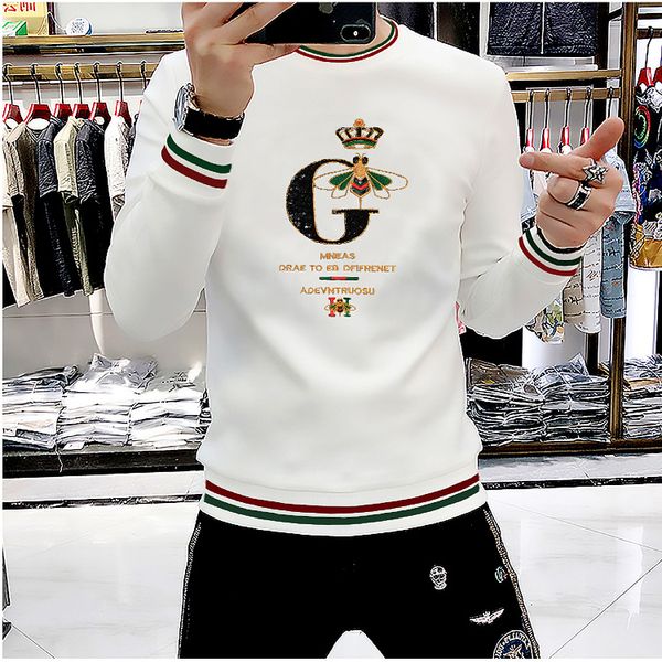 

Mens Hoodies Sweatshirts Male Sequin Embroidery Long Sleeve Trend Top Heavy Craft Casual Autumn Winter Fashion Pullover, White