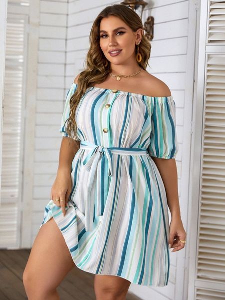 

plus striped print off shoulder button front belted dress c6c6#, Black