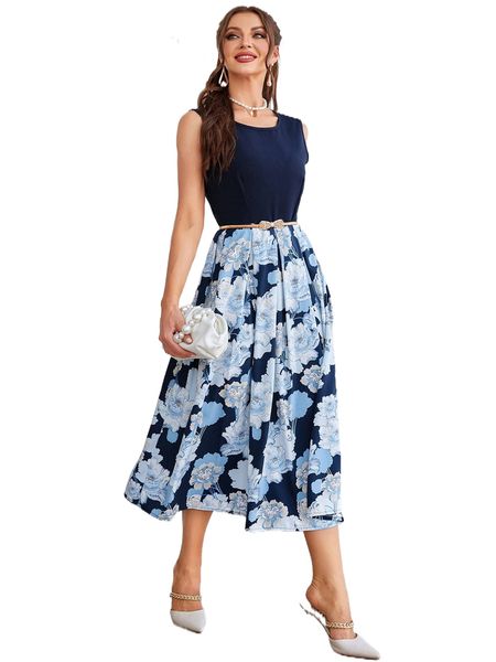 

floral spliced a-line dress without belt s4e2#, Black;gray