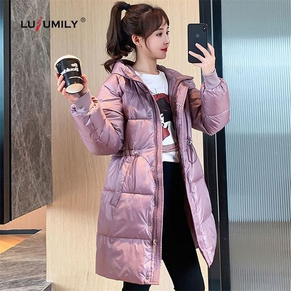 

lusumily new winter women's hooded jacket women warm fashionable windproof coat with large pockets long cotton parkas 201019, Black