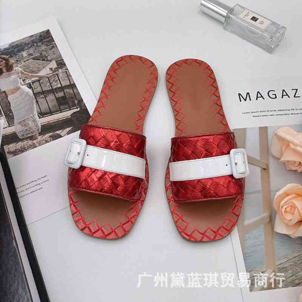 

slippers spring and summer cowhide woven belt buckle decoration round head open toe one-line simple women's shoes with flat bottom slip, Black