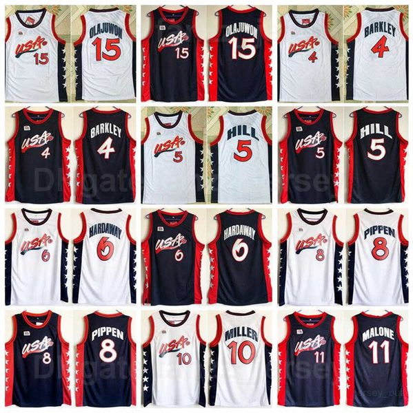 

1996 us three basketball scottie pippen jersey 8 charles barkley 4 penny hardaway 6 hakeem olajuwon 15 karl malone 11 grant hill 5 reggie mi, Black;red