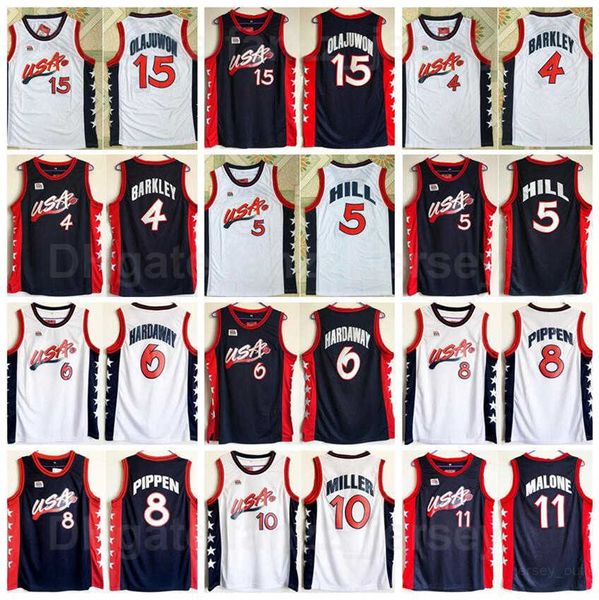 1996 US Three Basketball Scottie Pippen Trikot 8 Charles Barkley 4 Penny Hardaway 6 Hakeem Olajuwon 15 Karl Malone 11 Grant Hill 5 Reggie Miller 10 Blau Weiß