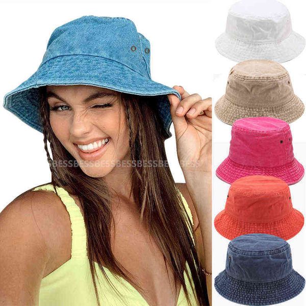 

new cotton bucket hats women summer sunscreen panama hat men pure color sunbonnet visors outdoor fisherman hat beach cap y220702, Blue;gray