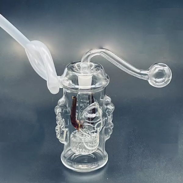 Großhandel bunte Mini 10 mm weibliche rauchende 3D-Schädel-Glas-Öl-Dab-Rig-Bong mit Silikonschlauch und Schüssel