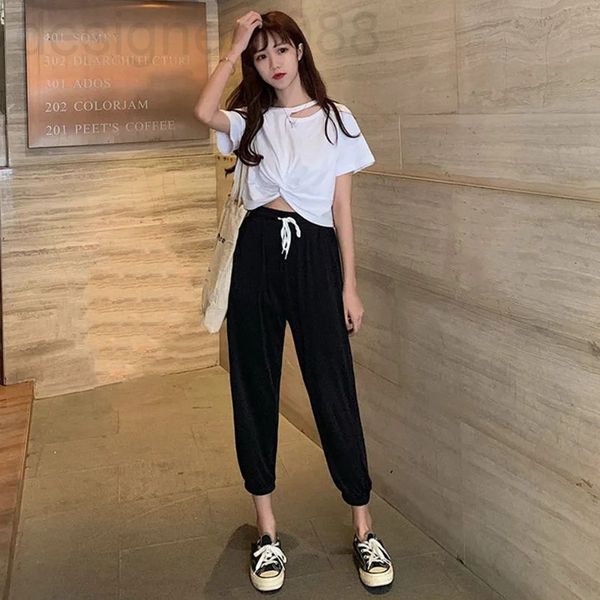 

two piece dress designer korean fashion leisure sports suit women's 2022 new high waist short sleeve wide leg trousers two piece set 0i, White