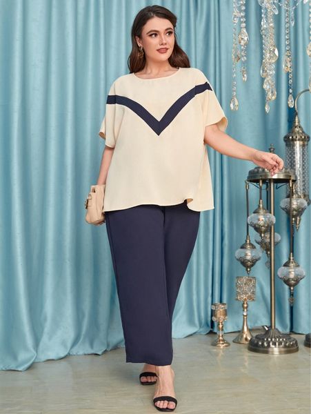 

plus chevron print dolman sleeve & solid pants d5q3#, Black