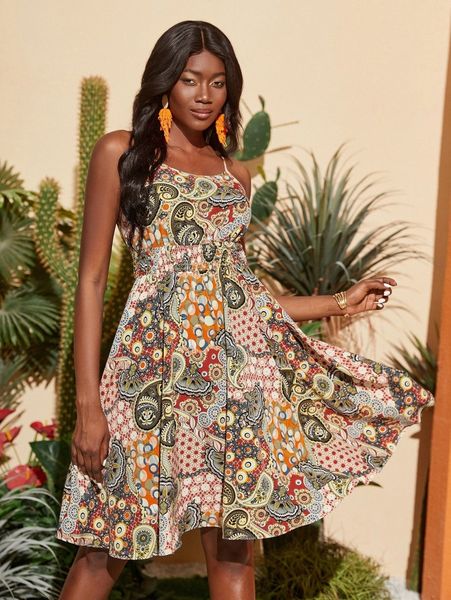 

paisley & geo print shirred waist cami dress t7hz#, Black;gray