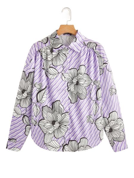 

floral & striped print button front shirt y5se#, White