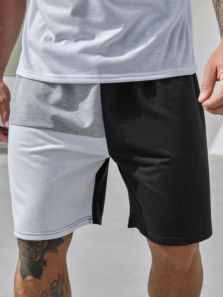 

extended sizes men color block drawstring waist shorts l5aw#, White;black
