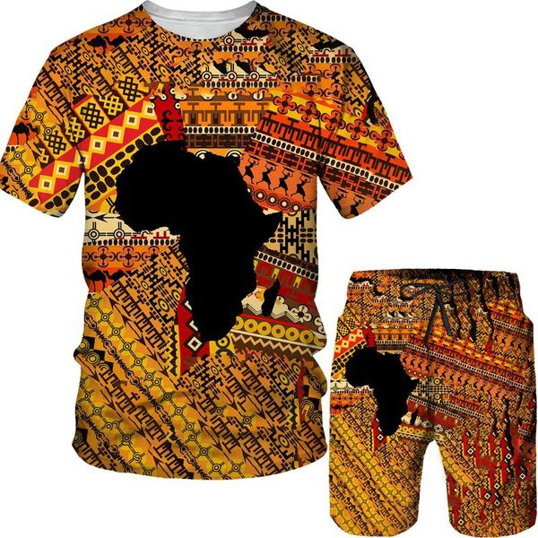 Menina de tracksuits de verão Mulheres masculinas de manga curta Africano Dashiki 3D T-shirt/shorts Tracksuit de shorts.