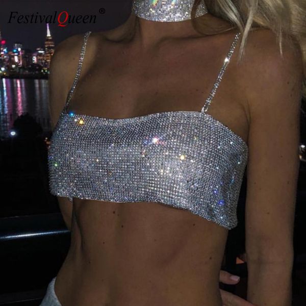 Womens Tanks Camis Sequin Shiny Crystal Chain Tank Top Glitter Neckholder Metallic Strap Crop Tops Festival Party Sexy Women Outfits 230424