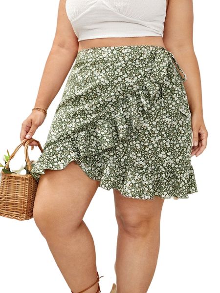 

plus ditsy floral print knot side ruffle trim wrap skirt a49n#, Black