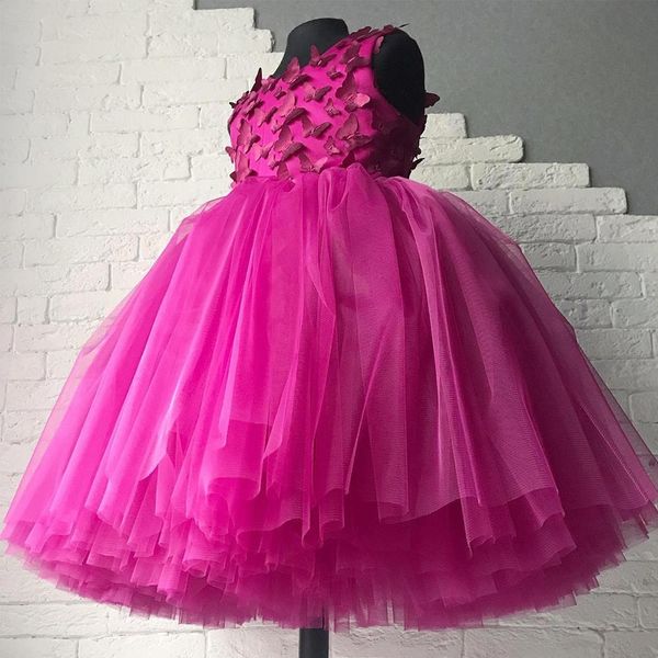 Fuchsia Blumenmädchenkleider mit Schmetterlingsapplikationen, Prinzessin, Hochzeit, gestuftes Ballkleid, Festzugskleider für Kleinkinder, Tüll, Geburtstags-Erstkommunionkleid