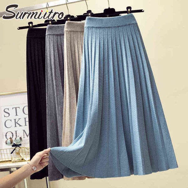 

women's skirt surmiitro 2022 fashion autumn winter knitted midi long pleated skirt women korean style blue mid-length high waist female, Black