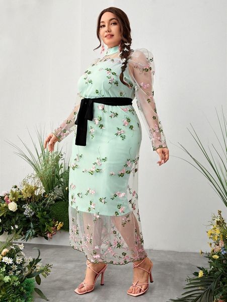 

plus mock neck floral embroidery mesh overlay dress y7uz#, Black