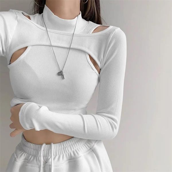 

hollow knitted crop women fitness fake two piece t shirt female black white long sleeve 220602
