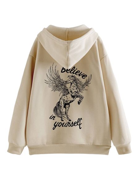 

slogan & horse print drawstring thermal hoodie v8vh#, Black