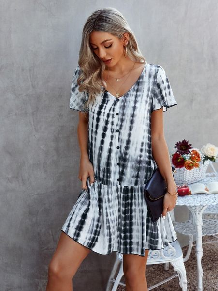 

tie dye flutter sleeve fake button ruffle hem smock dress q8vp#, Black;gray