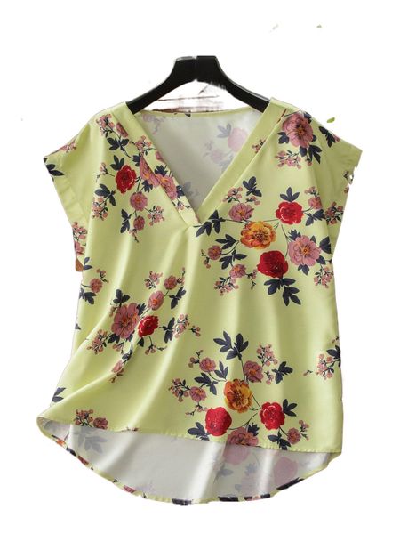 

plus floral print dip hem blouse l3ga#, Black