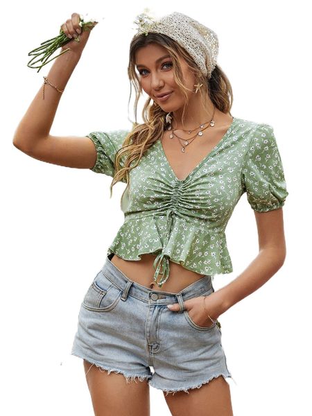 

ditsy floral print drawstring peplum crop blouse r2na#, White