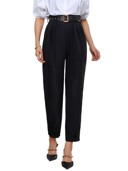 

plicated detail belted tapered pants e2rp#, Black;white