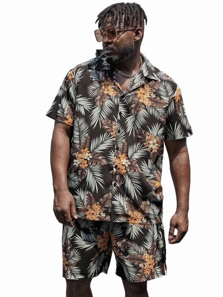

extended sizes men tropical print shirt & shorts v24j#, Gray