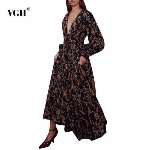 

printed embroidery dress for women v neck lantern sleeve high waist vintage maxi dresses female fashion clothing autumn 210507, Black;gray