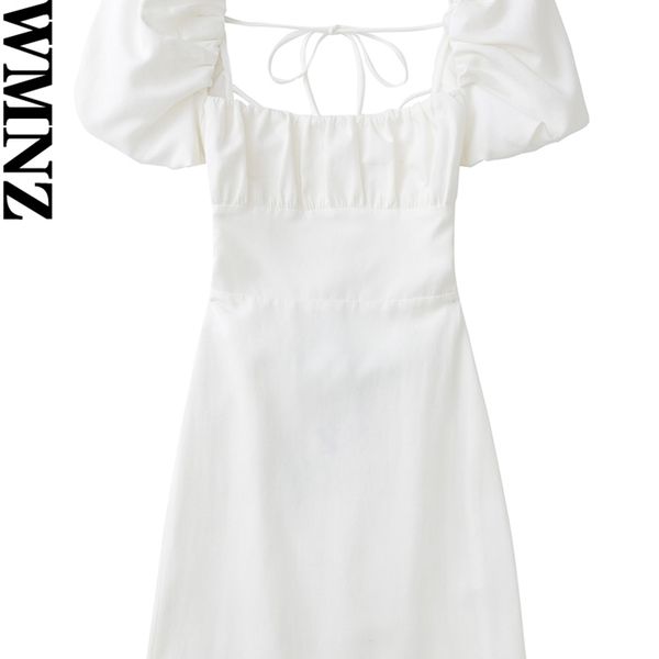 

xnwmnz women white fashion linen blend female square neck short puff sleeves backless crossover straps dress for womens 220707, Black;gray