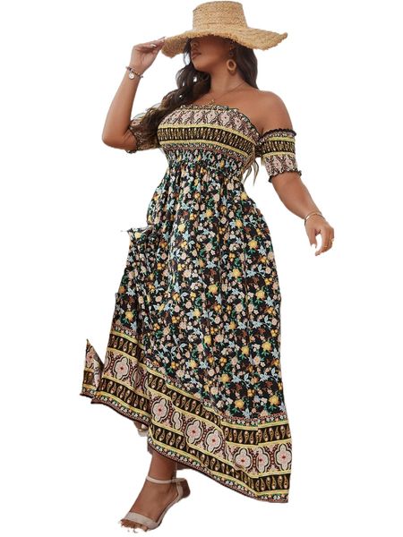 

plus floral print off shoulder shirred split thigh dress d5iu#, Black