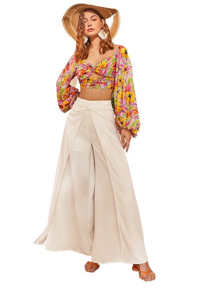 

twist split thigh pants with skirt o88l#, Black;white