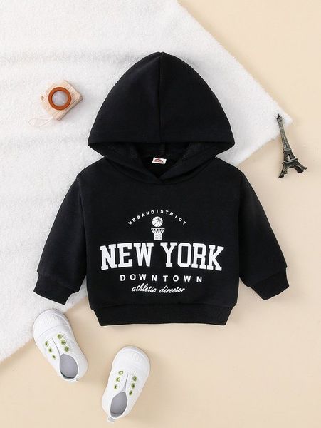 

baby basketball & letter graphic hoodie she, Black