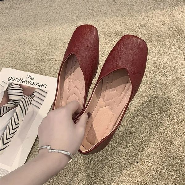 

retro anggur merah ukuran besar 42 datar mode klasik kaki persegi sepatu mules wanita kasual kulit lembut nyaman 220614, Black