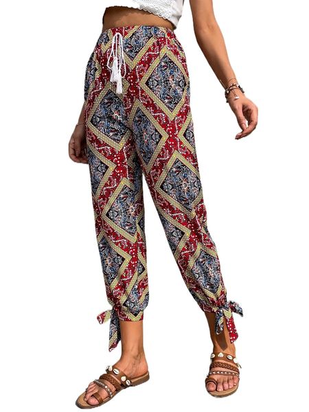 

high waist scarf print tassel knot front pants a7hk#, Black;white