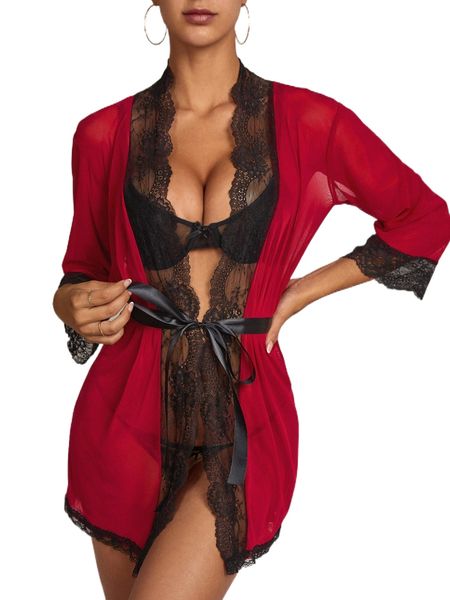 

lace trim mesh belted robe 68d5#, Black;red