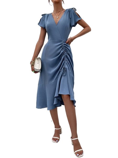 

drawstring split sleeve ruffle hem dress b1fw#, Black;gray