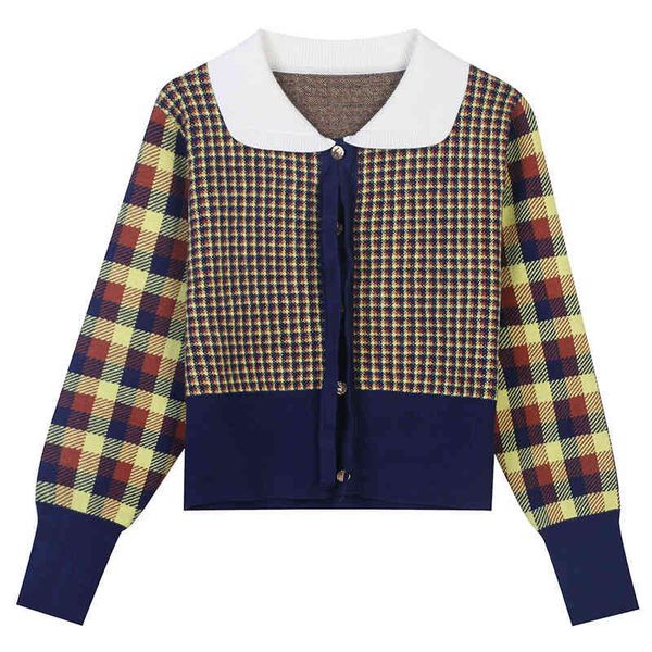 

women's sweaters french autumn and winter women's clothing plaid doll collar single breasted slim fit short knitted cardigan jacke, White;black