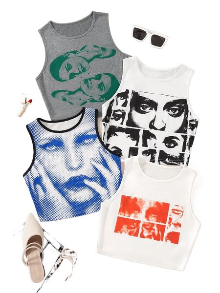 

4pcs figure graphic tank o4ye#, White