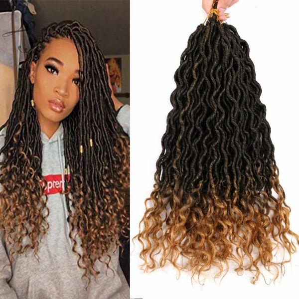 

18 inch goddess locs crochet hair faux with curly ends pre looped deep wave synthetic braids hair extensions 24 strands/pcs ls12, Black