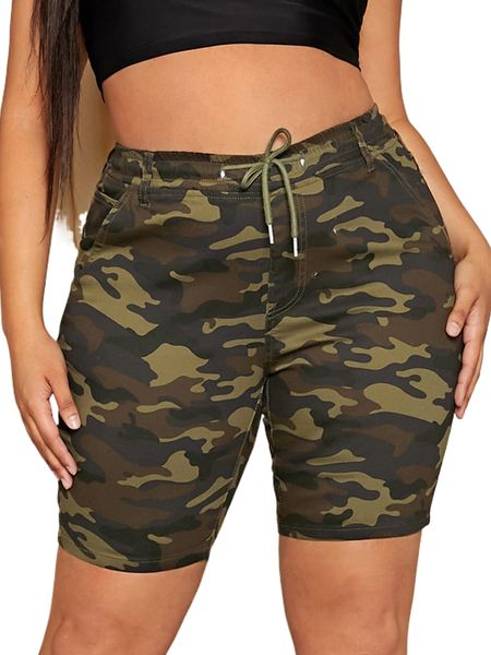

plus camo print drawstring waist denim shorts h902#, White;black