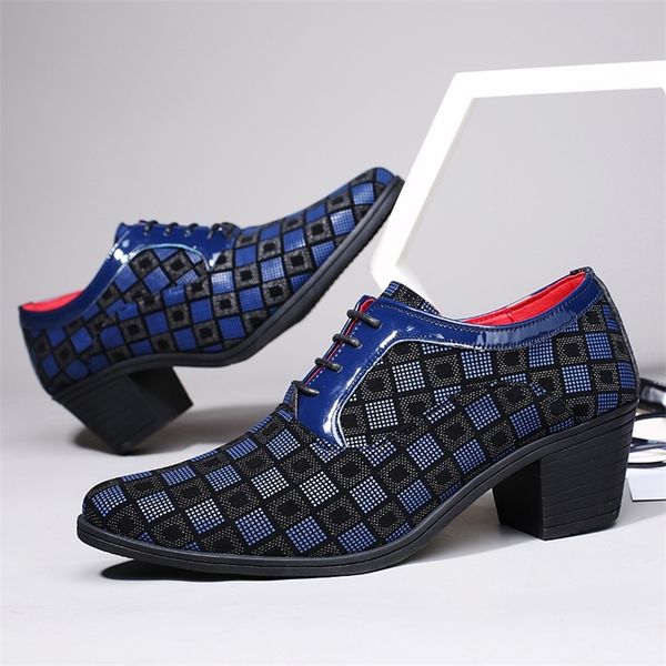 

fashion blue plaid men's high heel shoe pointed leather dress shoes men lace-up wedding shoes men zapatos hombre vestir 220816, Black