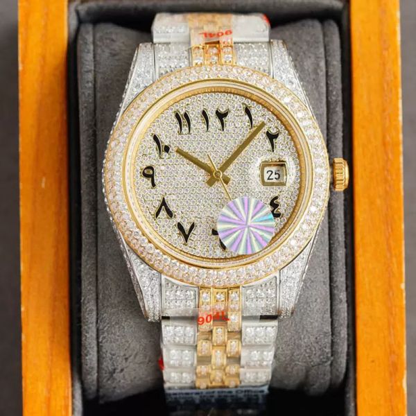 

full diamonds mens watch 41mm automatic mechanical watches sapphire waterproof fashion business wristwatch montre de luxe, Slivery;brown