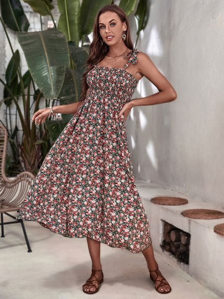 

allover floral print tie shoulder shirred cami dress n4yx#, Black;gray