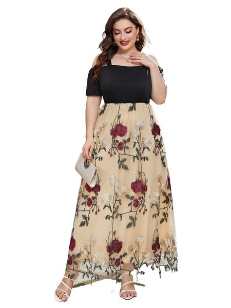 

plus floral embroidered cold shoulder mesh hem dress y2be#, Black