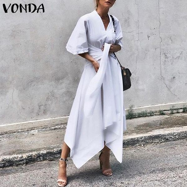 

vonda summer dress vintage long maxi dres short sleeve v neck asymmetrical high waist party vestidos plus size y200101, White;black
