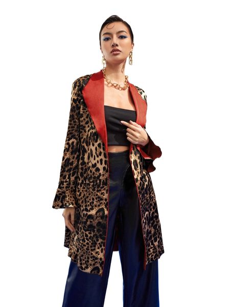 

x batool almuwalled leopard print flounce sleeve waterfall collar coat m1ra#, Black
