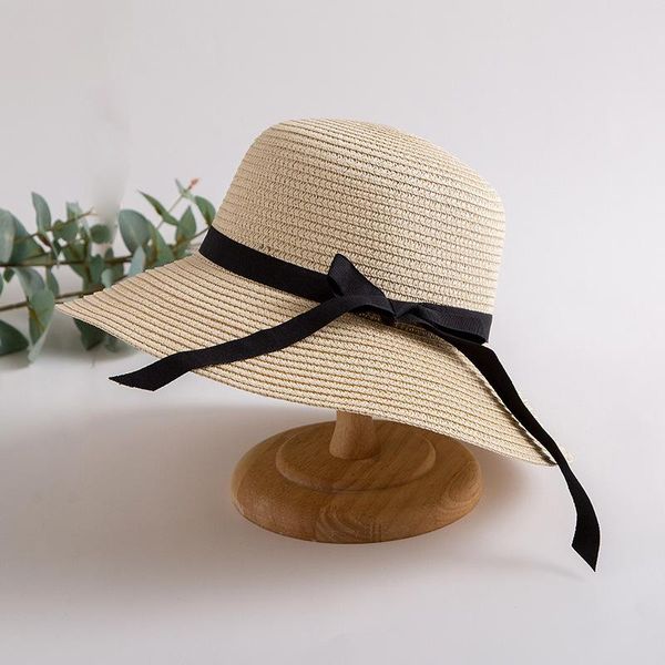 Chapéus largos da borda Fashion Black Bow Summer Straw Hat for Women Sun Panamá Cap Chapeuwide
