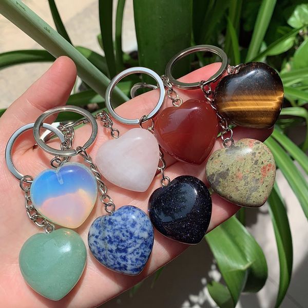 

natural stone crystal keychain handbag dangle holder big heart pendulum amulet real agates tiger eye opal pink quartz key chain, Slivery;golden