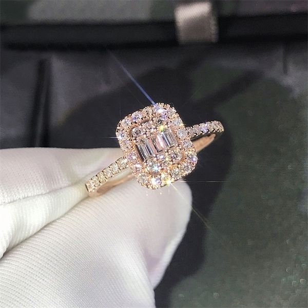 

10k au417 rose gold women ring diamonds rectangle round emerald elegant party engagement anniversary ring trendy 220816, Slivery;golden