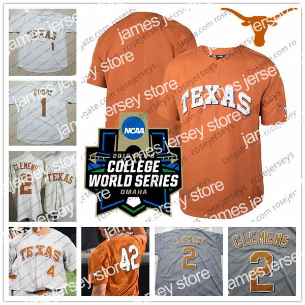 NCAA Jersey Custom Texas Longhorns College Baseball Blanc Orange Gris Nom # 2 Kody Clemens 51 Jake McKenzie NCAA 2018 CWS Jersey S-4XL